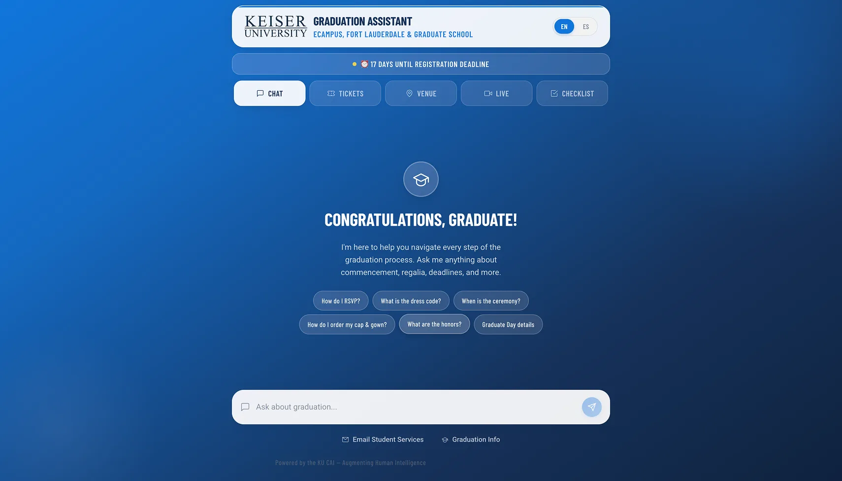 Keiser University Commencement Portal welcome screen with quick-question chips.