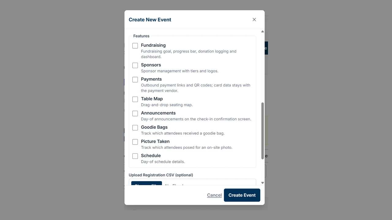 Keiser Compass Create New Event dialog listing optional features such as fundraising, sponsors, payments, table map and goodie bags.