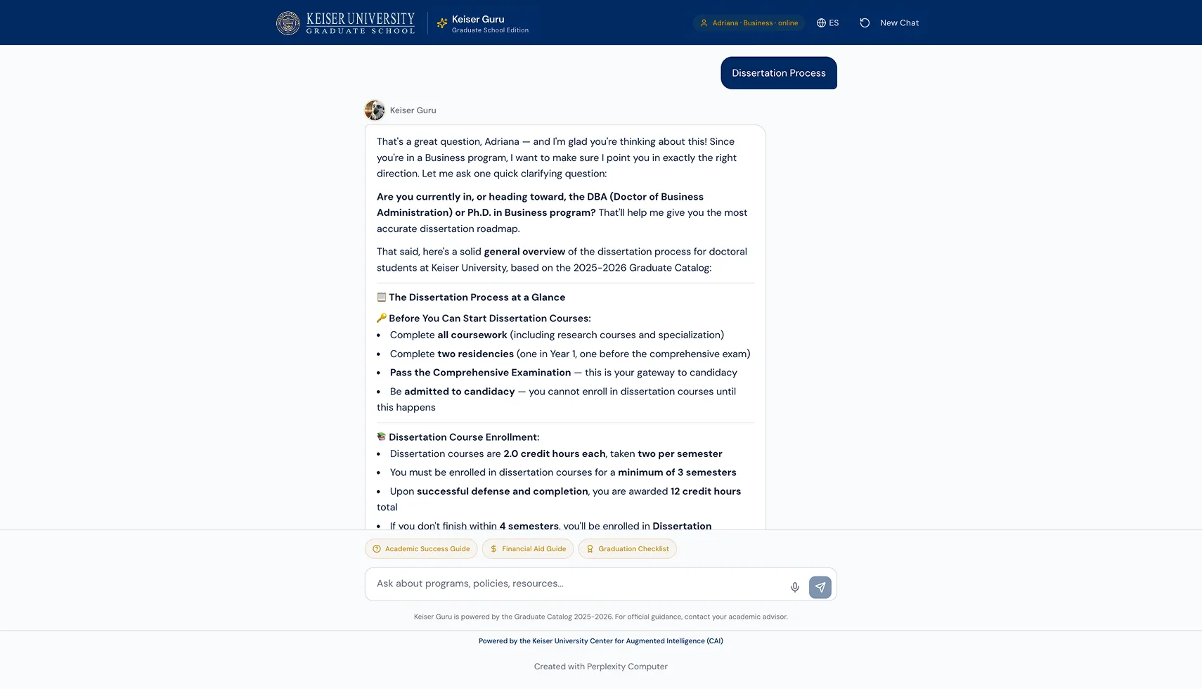 Keiser Guru displaying a guided 'Dissertation Process' walkthrough.